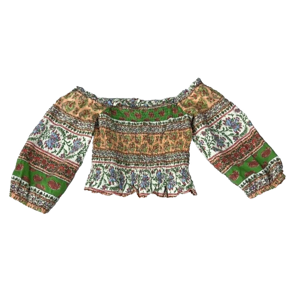 ZARA Top Womens Small Ruffled Straight Neck Crop Smocked Linen Blend Printed